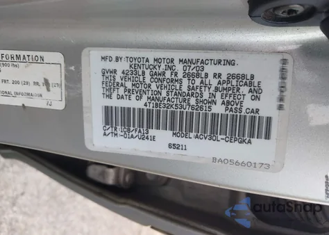 2003 Toyota Camry Xle z USA, uszkodzony, nr VIN 4T1BE32K53U762615